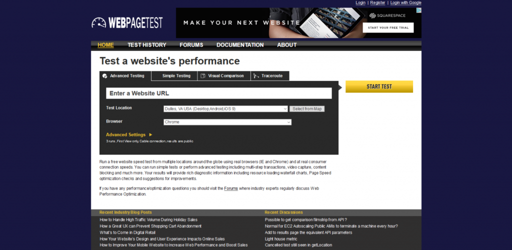 WebPageTest page speed test screenshot