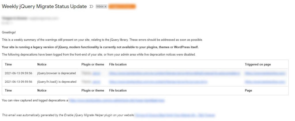 jQuery Migrate email update screenshot