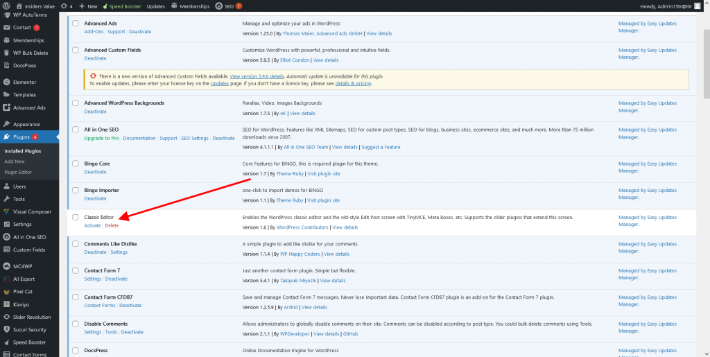 Classic Editor plugin view