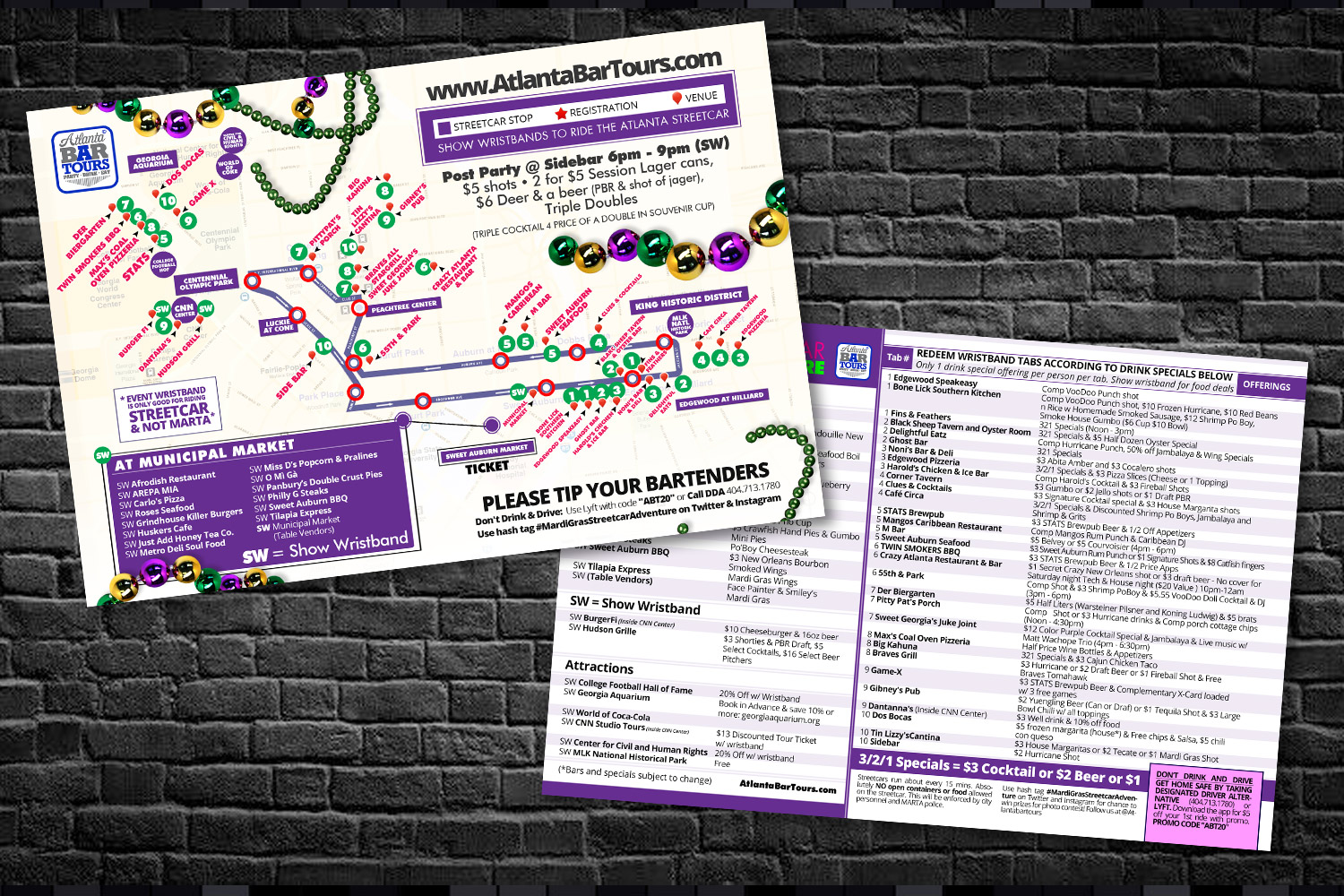 Atlanta Bar Tours - Mardi Gras Streetcar Map Design - Infograhpic